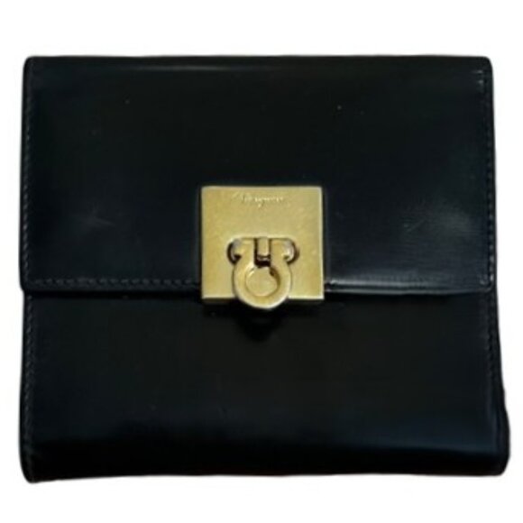 Salvatore Ferragamo Handbags - Salvatore Ferragamo Tri-Fold Black Leather Wallet with Coin Pouch